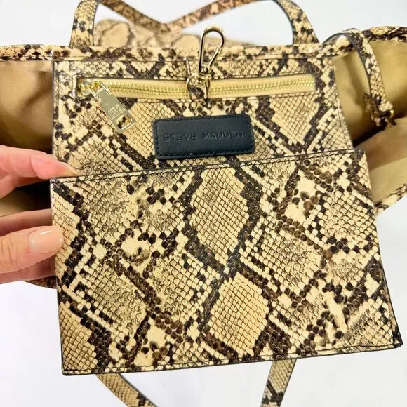 Steve Madden Tote Natural Tan Woven Straw Snakeskin Trim Bonus Pouch - Picture 6 of 12